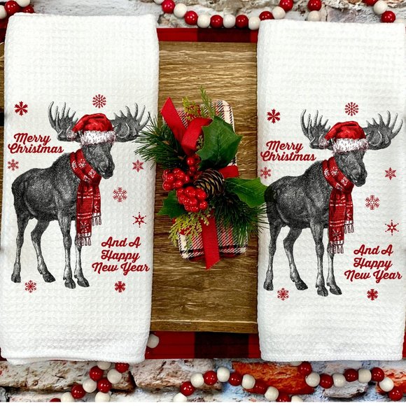 Christmas Tea Towels, Set of 2, Christmas Moose, New, Kitchen and Bath, handmade - Picture 2 of 3